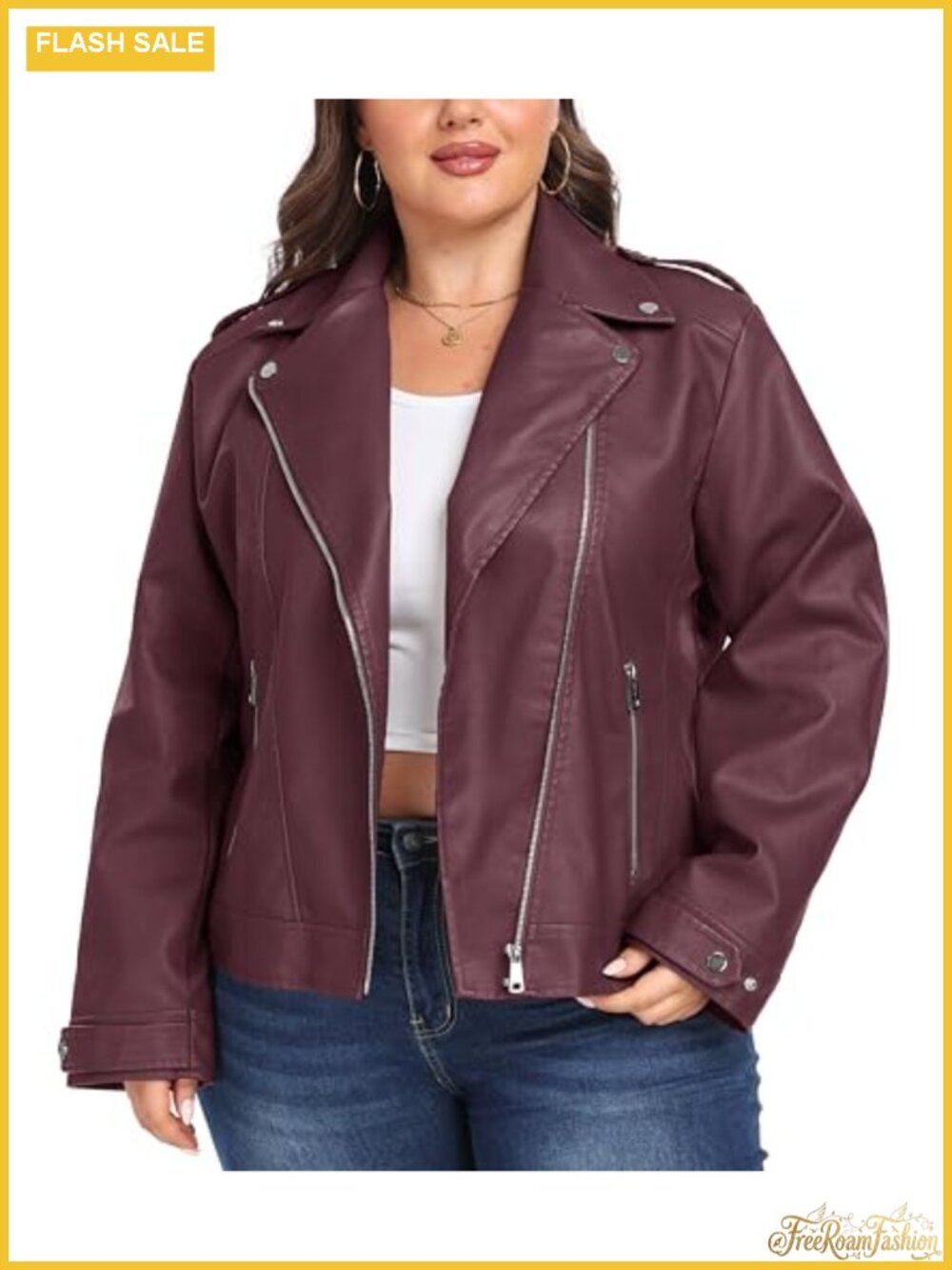 Women's Plus Size Faux Leather Moto Biker Jacket Zip Pockets